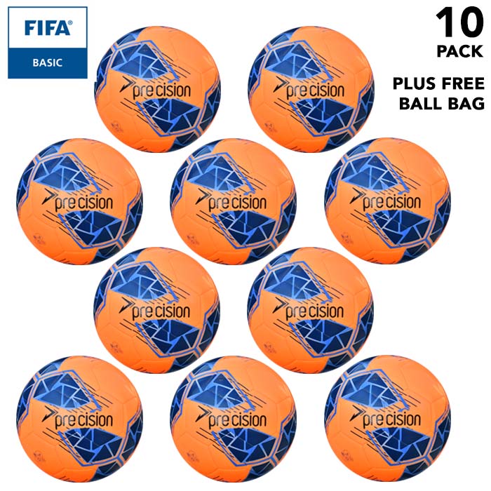 Pack of 10 footballs - Orange Precision Fusion Training Footballs Size 3, 4 or 5 - with Free Ball Bag