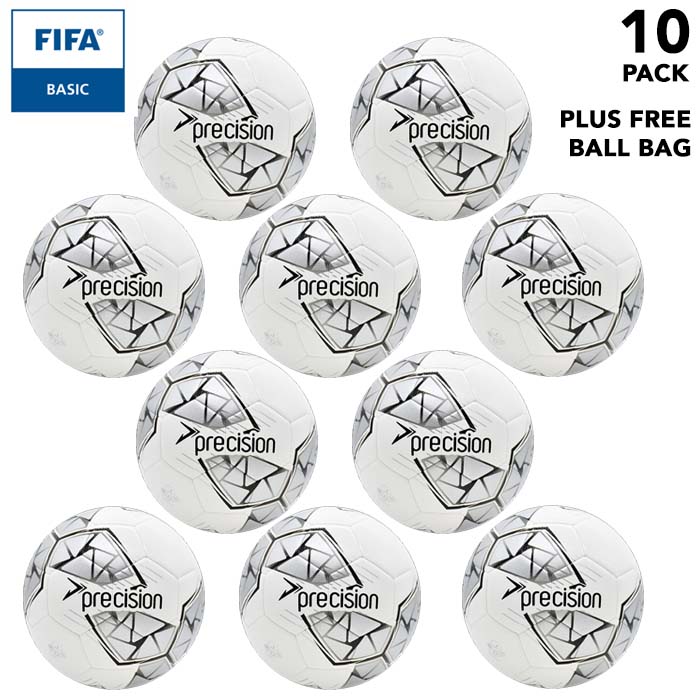 Pack of 10 footballs - Silver Precision Fusion Training Footballs Size 3, 4 or 5 - with Free Ball Bag