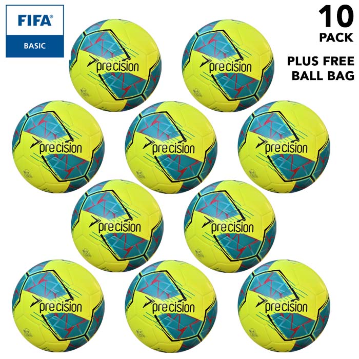 Pack of 10 footballs - Yellow Precision Fusion Training Footballs Size 3, 4 or 5 - with Free Ball Bag