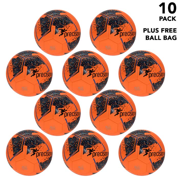 Pack of 10 footballs - Flourescent Orange Precision Fusion Training Footballs Size 3, 4 or 5 - with Free Ball Bag