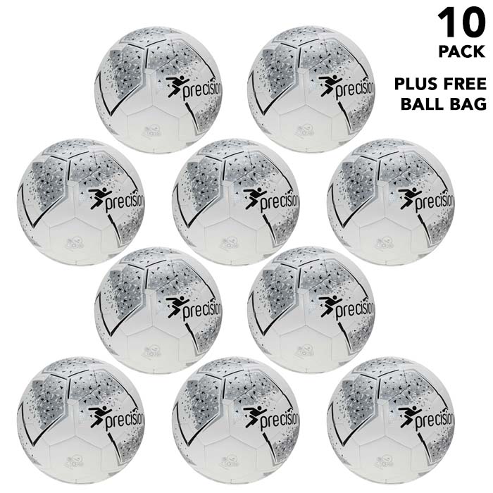 Pack of 10 footballs - Silver Precision Fusion Training Footballs Size 3, 4 or 5 - with Free Ball Bag