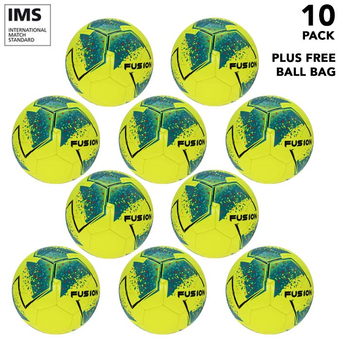 Pack of 10 footballs - Flourescent Yellow Precision Fusion Training Footballs Size 3, 4 or 5 - with Free Ball Bag