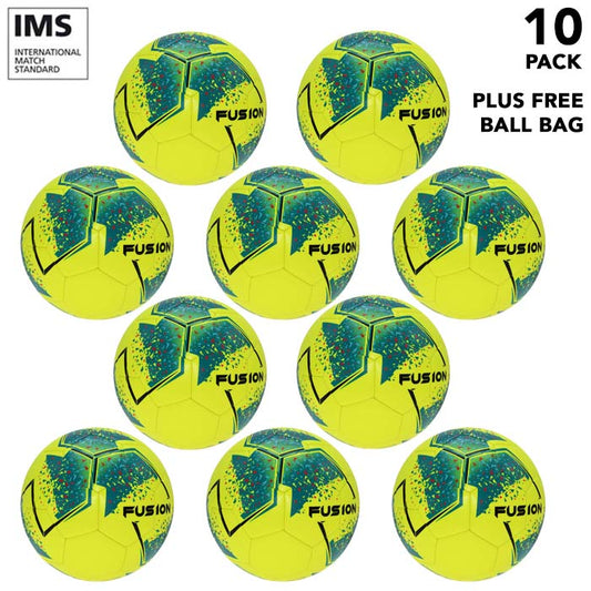Pack of 10 footballs - Flourescent Yellow Precision Fusion Training Footballs Size 3, 4 or 5 - with Free Ball Bag