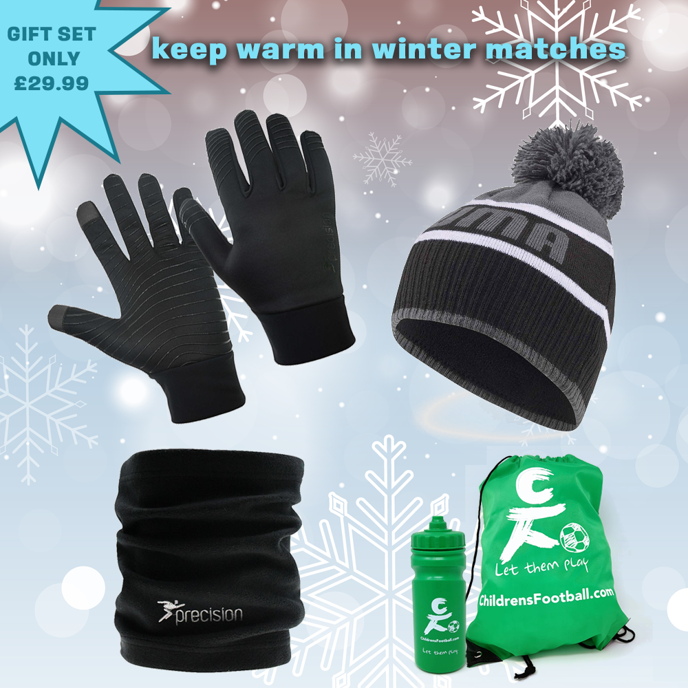 Stay warm playing football this winter with this set of wamr outfield player gloves, neck warmer, Puma Beanie hat, sports bottle and pump bag