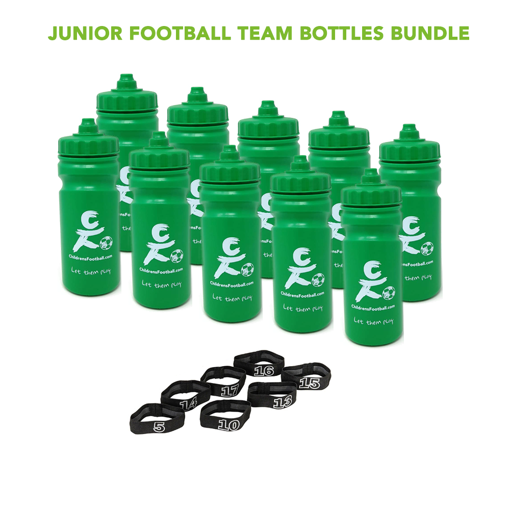 10 or 16 junior football team water bottles, bottle carrier and number bands